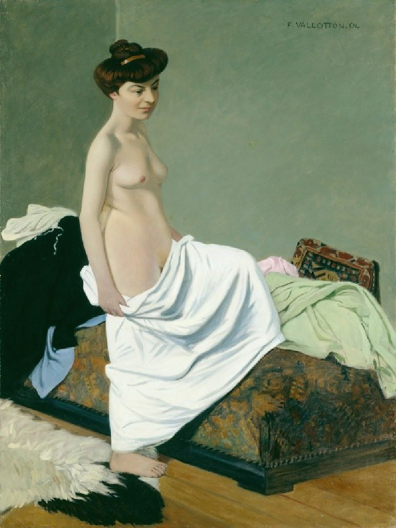 Félix Vallotton reprodukcija Standing Nude Holding Gown on Her Knee (1904), Aktas , paveikslai, reprodukcijos internetu