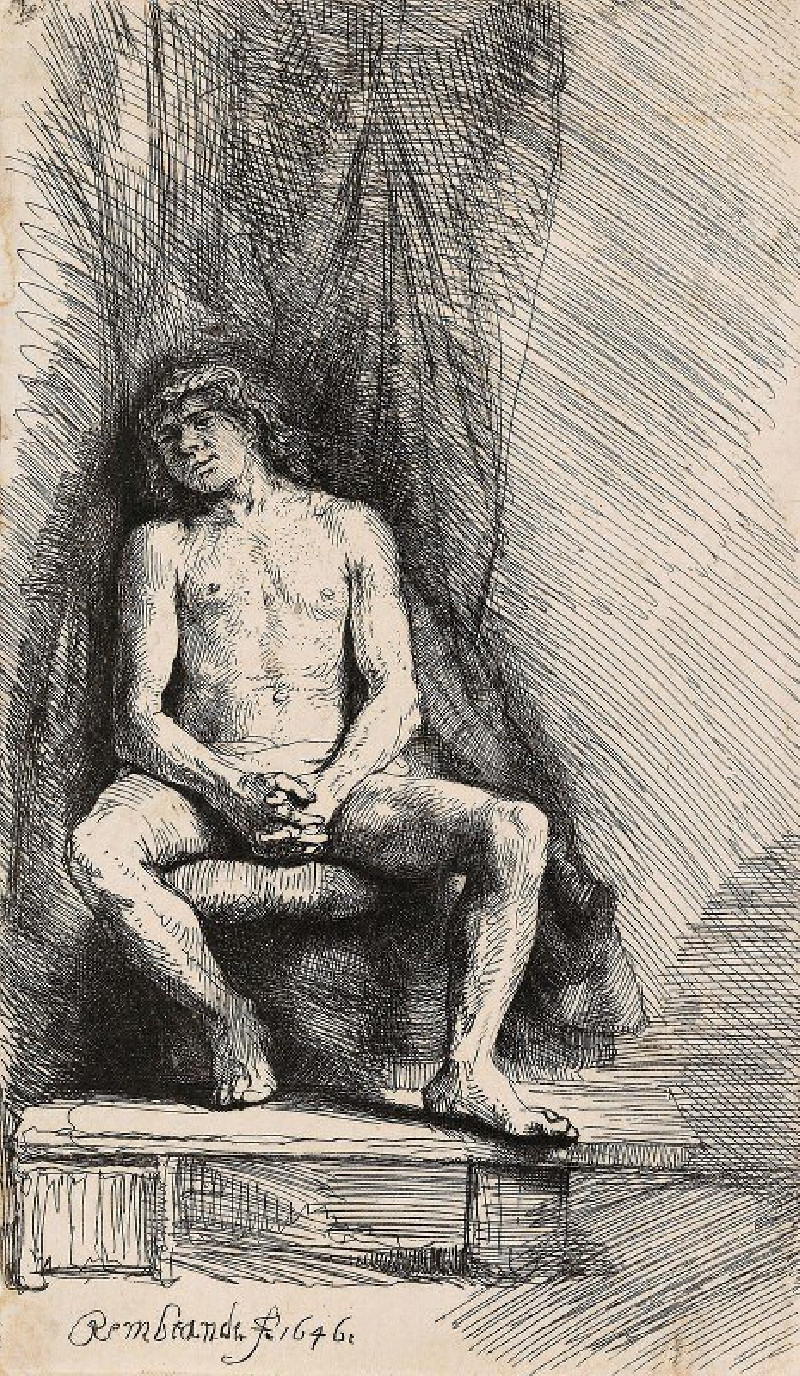 Nude Man Seated before a Curtain (1646) reproduction of painting by Rembrandt van Rijn. Nude