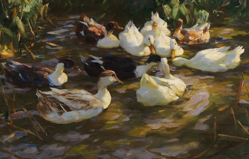 Enten im Teich (Enten am Bach) (1909-1913) reproduction of painting by Alexander Koester. ALL GICLEE PRINTS