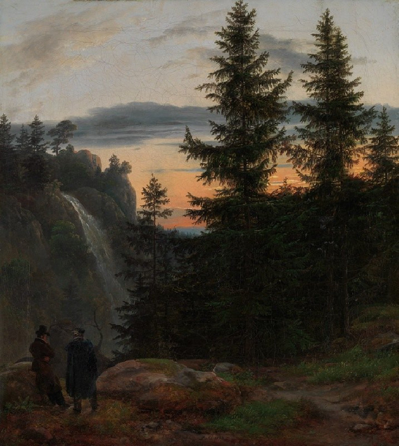 Two Men before a Waterfall at Sunset (1823) reproduction of painting by Johan Christian Dahl. ALL GICLEE PRINTS