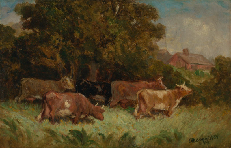 Untitled (five cows in pasture, rooftop in background) (1894) reproduction of painting by Edward Mitchell Bannister. ALL GICL...