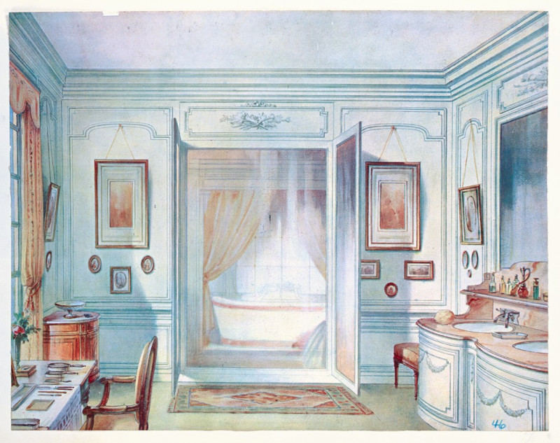 Salle de bains Louis XVI, avec une glace à trois faces…. (1907) reproduction of painting by Georges Rémon. ALL GICLEE PRINTS