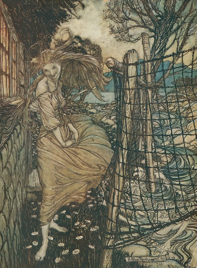 Undine outside the window (1912) reproduction of painting by Arthur Rackham. ALL GICLEE PRINTS