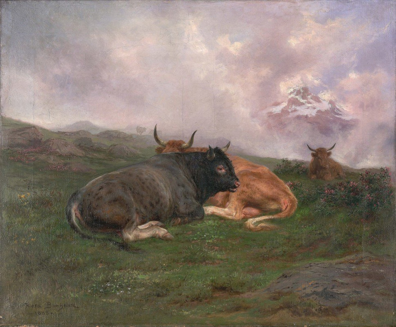 Cattle at Rest on a Hillside in the Alps (1885) reproduction of painting by Rosa Bonheur. ALL GICLEE PRINTS