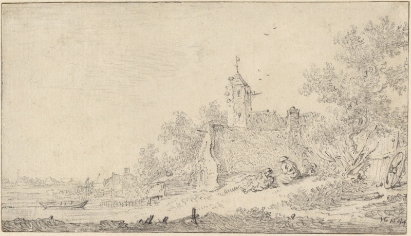 Landscape with Farmhouses and Figures (1644) reproduction of painting by Jan van Goyen. ALL GICLEE PRINTS