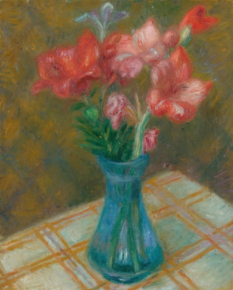 William James Glackens reprodukcija Gladiolas In Green Glass Vase, VISOS REPRODUKCIJOS , paveikslai, reprodukcijos internetu