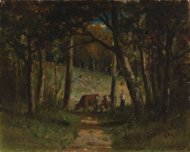 Untitled (cows on path in forest) (1883) reproduction of painting by Edward Mitchell Bannister. ALL GICLEE PRINTS