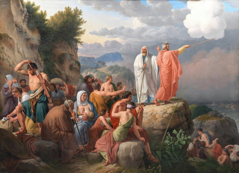 Moses lader Det Røde Hav vende tilbage og Faraos hær oversvømmes (1815) reproduction of painting by Christoffer Wilhelm Ecker...