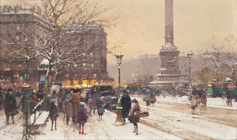 Figures in the snow, the Place de Concorde, Paris reproduction of painting by Eugène Galien-Laloue. ALL GICLEE PRINTS