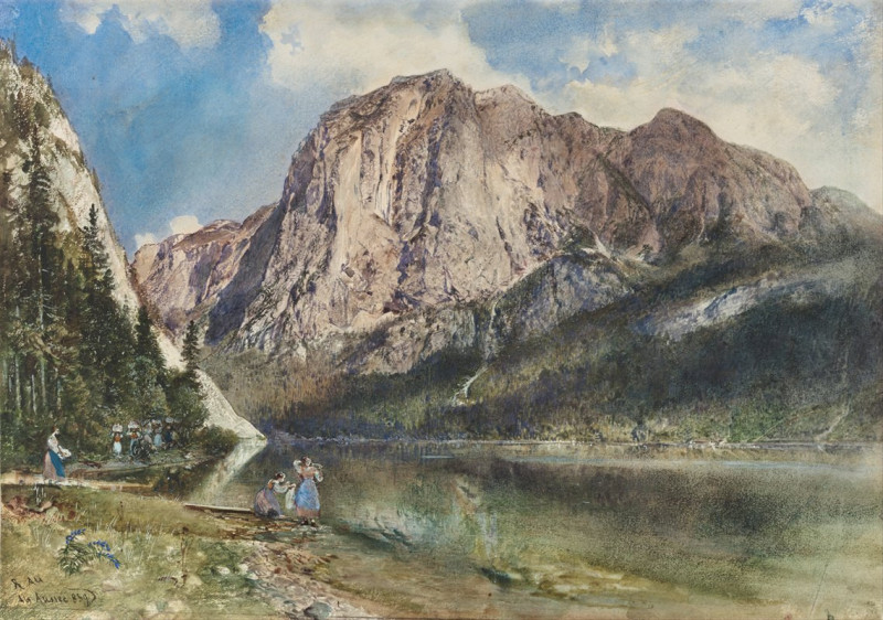 Altaussee Lake and Face of Mount Trissel (1859) reproduction of painting by Rudolf von Alt. ALL GICLEE PRINTS