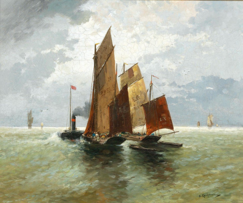 Steamboat and Fishing Boats at Sea reproduction of painting by Adolf Kaufmann. ALL GICLEE PRINTS