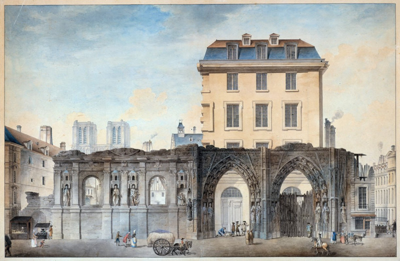 Vue de l’ancienne façade de l’Hôtel-Dieu après l’incendie de1772 (after 1772) reproduction of painting by Auguste-Sébastien B...