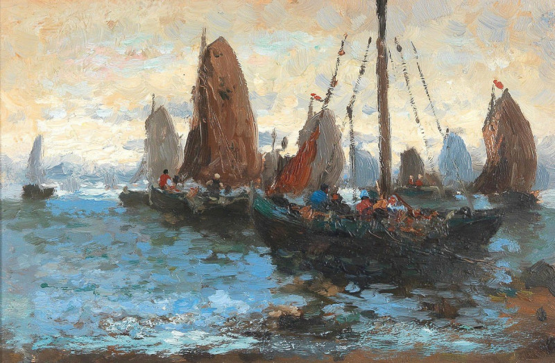 Seascape with Many Sailing Boats reproduction of painting by Adolf Kaufmann. ALL GICLEE PRINTS