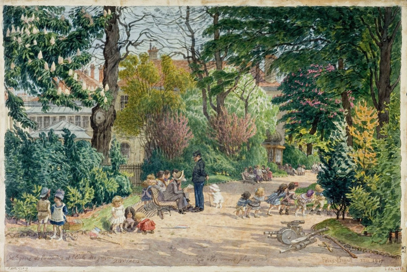 Le square de la Mairie et l’école des garçons, Paris, XIVème arrondissement (1917) reproduction of painting by Félix Brard. A...