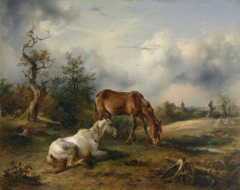 Schimmel und Fuchs auf der Weide (c1825) reproduction of painting by Friedrich August Matthias Gauermann. ALL GICLEE PRINTS