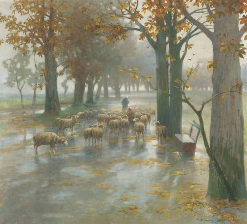 Flock Of Sheep With Shepherdess On A Rainy Day reproduction of painting by Adolf Kaufmann. ALL GICLEE PRINTS