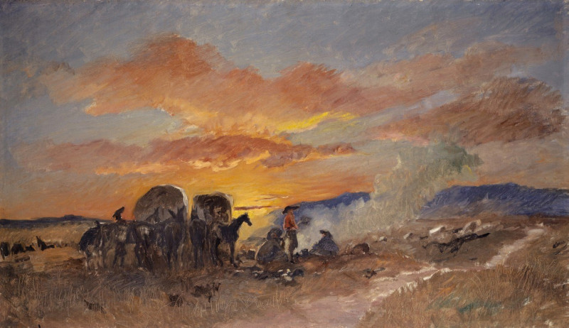 Campfire at Sunrise in the Laramie Plains (1866) reproduction of painting by Frank Buchser. ALL GICLEE PRINTS