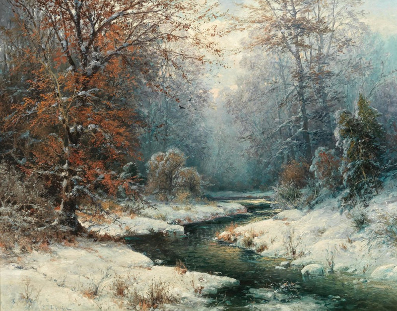 Winterliche Flusslandschaft reproduction of painting by Adolf Kaufmann. ALL GICLEE PRINTS