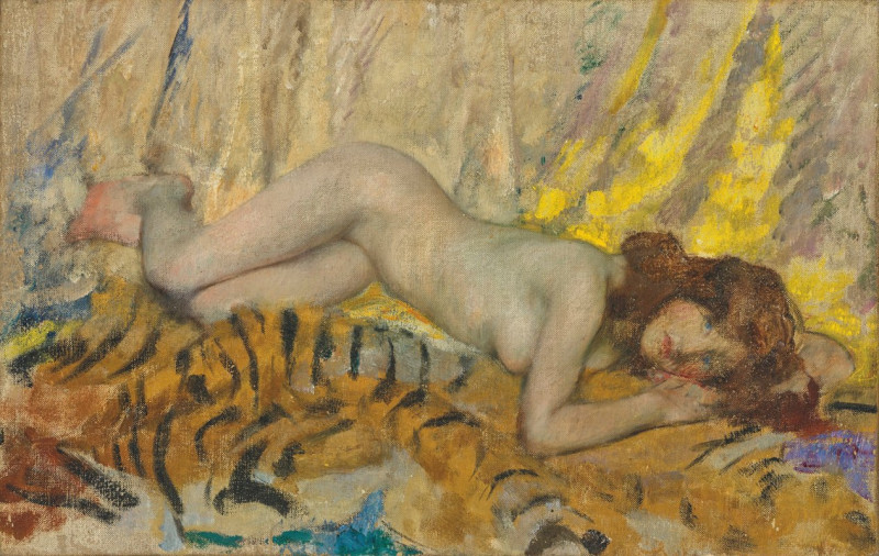 Nude on a tiger skin reproduction of painting by James Jebusa Shannon. Nude