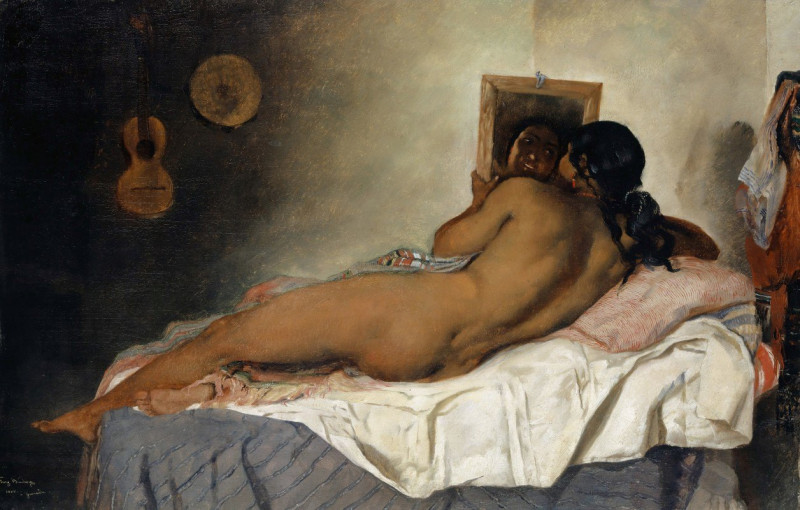 Naked Spanish Gypsy Woman with Mirror (1858) reproduction of painting by Frank Buchser. Nude