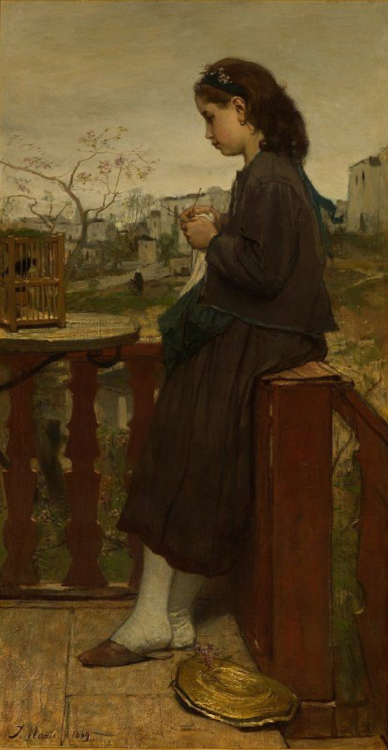 Girl knitting on a balcony, Montmartre reproduction of painting by Jacob Maris. ALL GICLEE PRINTS