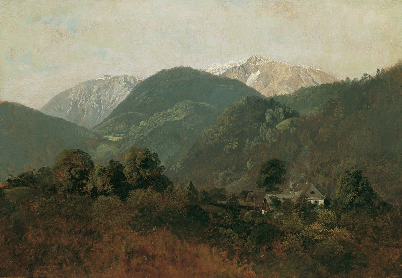 Blick von Scheuchenstein zum Gauermannhof mit Schneeberg im Hintergrund (1835) reproduction of painting by Friedrich August M...