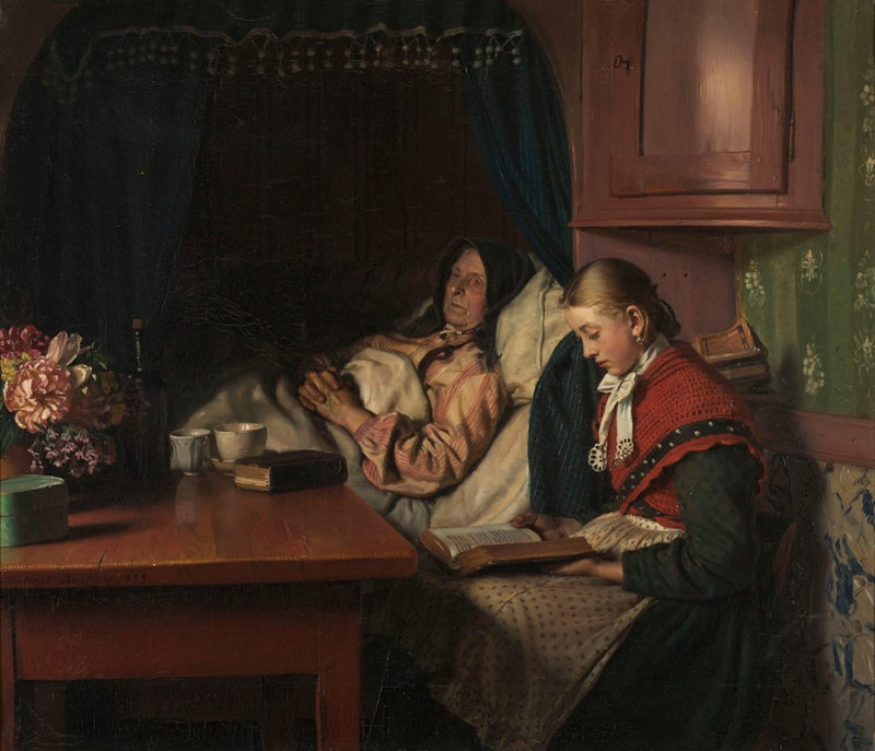 By Grandmothers sickbed (1879) reproduction of painting by Michael Ancher. ALL GICLEE PRINTS