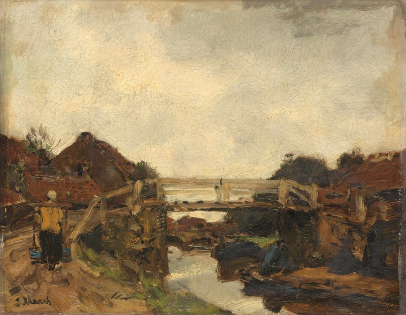 Wooden Bridge across a Canal at Rijswijk (c. 1878) reproduction of painting by Jacob Maris. ALL GICLEE PRINTS