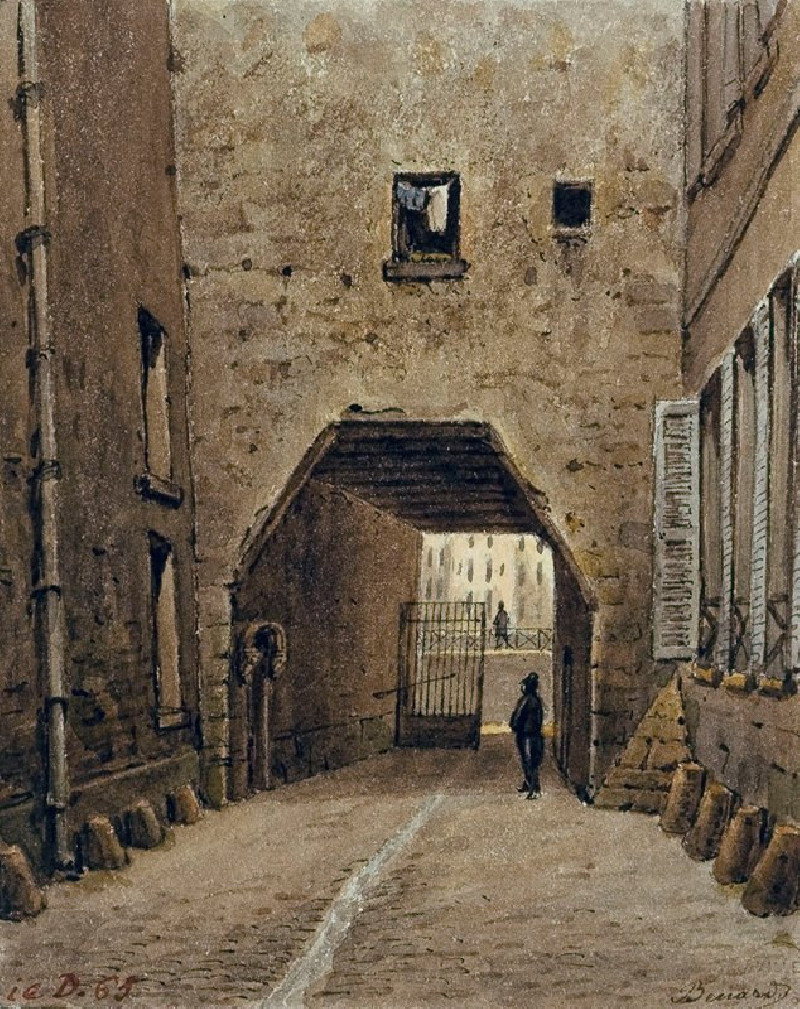 Rue des chantres (entre le quai aux fleurs et la rue Chanoinesse). (1837) reproduction of painting by Auguste-Sébastien Bénar...