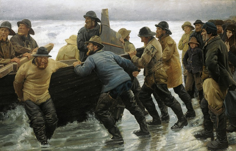 Fishermen launching a rowing boat (1881) reproduction of painting by Michael Ancher. ALL GICLEE PRINTS