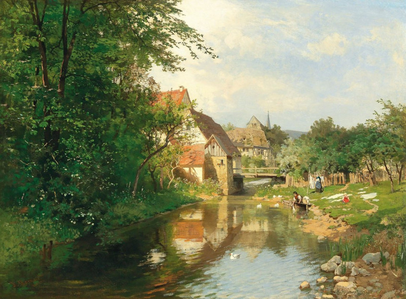 A village by the river reproduction of painting by Hugo Darnaut. ALL GICLEE PRINTS