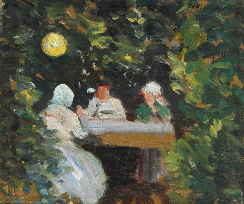 Komsammen i haven en sommeraften under lampen reproduction of painting by Michael Ancher. ALL GICLEE PRINTS