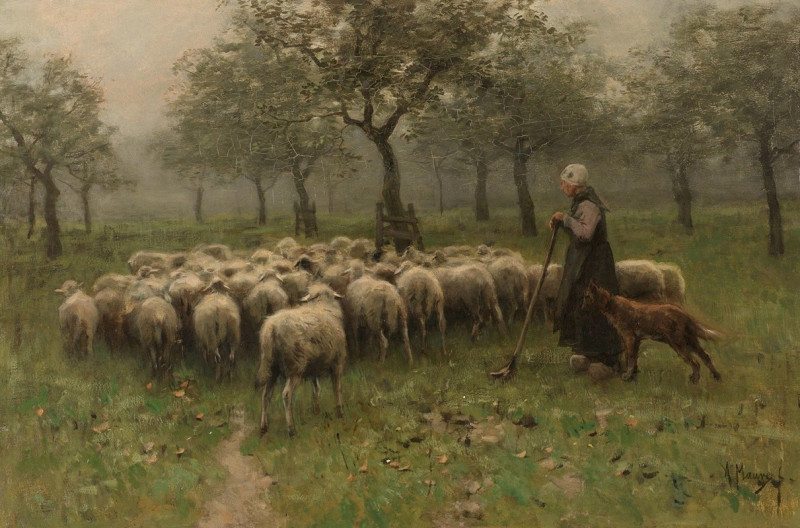 Shepherdess with a Flock of Sheep (c. 1870 - c. 1888) reproduction of painting by Anton Mauve. ALL GICLEE PRINTS