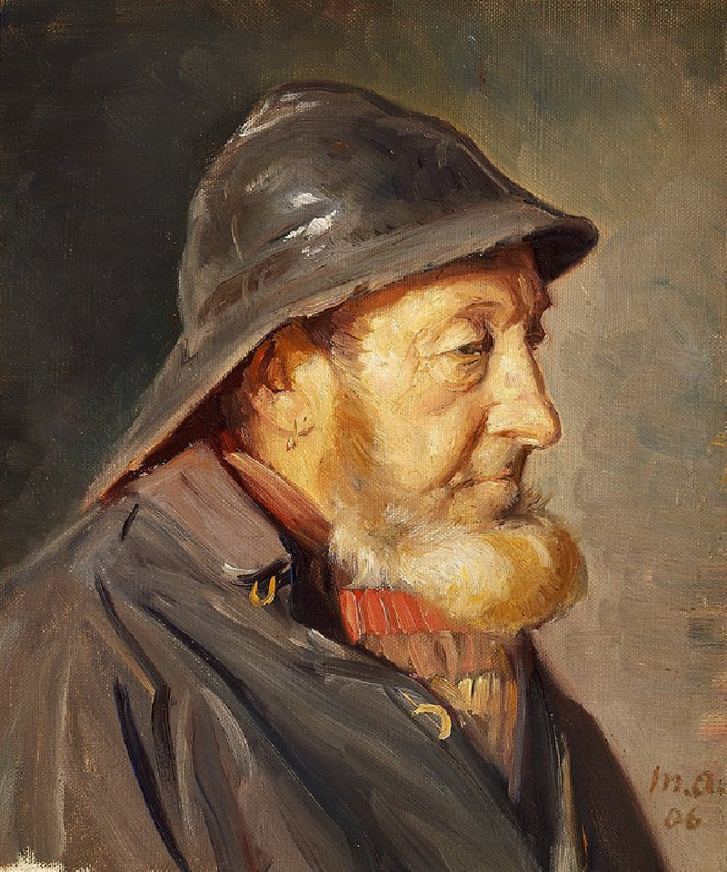 Michael Ancher reprodukcija Fiskeren Ole Svendsen set i profil med sydvest (1906), VISOS REPRODUKCIJOS , paveikslai, reproduk...