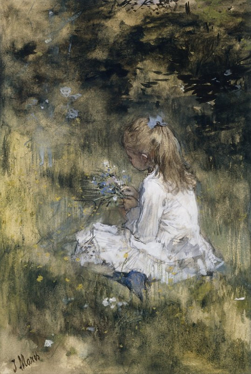 A Girl with Flowers on the Grass (1878) reproduction of painting by Jacob Maris. ALL GICLEE PRINTS