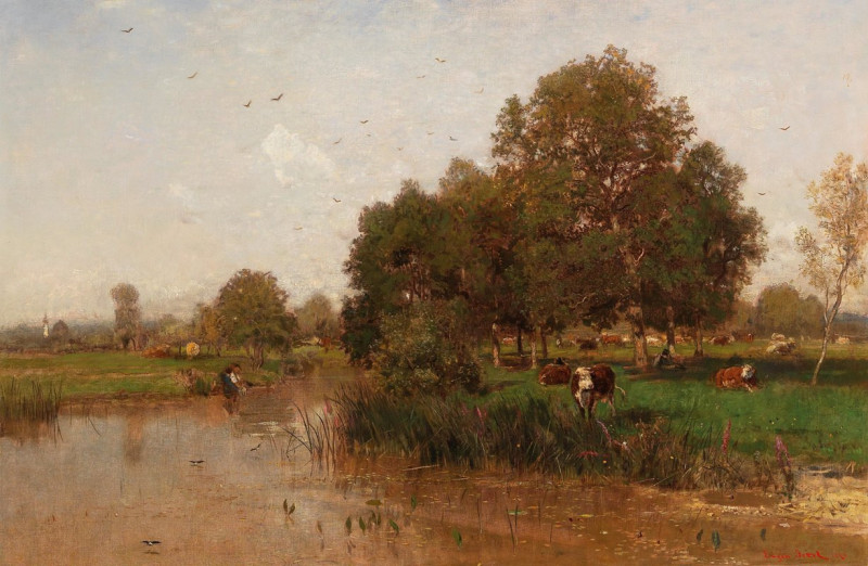 River Landscape with Cows Resting reproduction of painting by Eugen Jettel. ALL GICLEE PRINTS