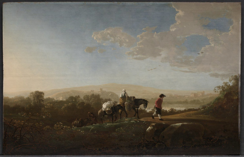 Travelers in Hilly Countryside (c. 1650) reproduction of painting by Aelbert Cuyp. ALL GICLEE PRINTS