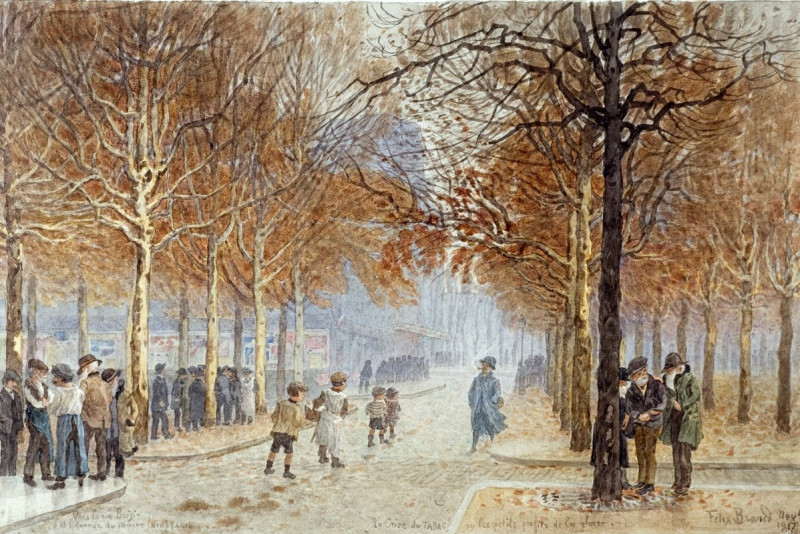 Rue Brézin et avenue du Maine, 14ème arrondissement, novembre 1917 (1917) reproduction of painting by Félix Brard. ALL GICLEE...