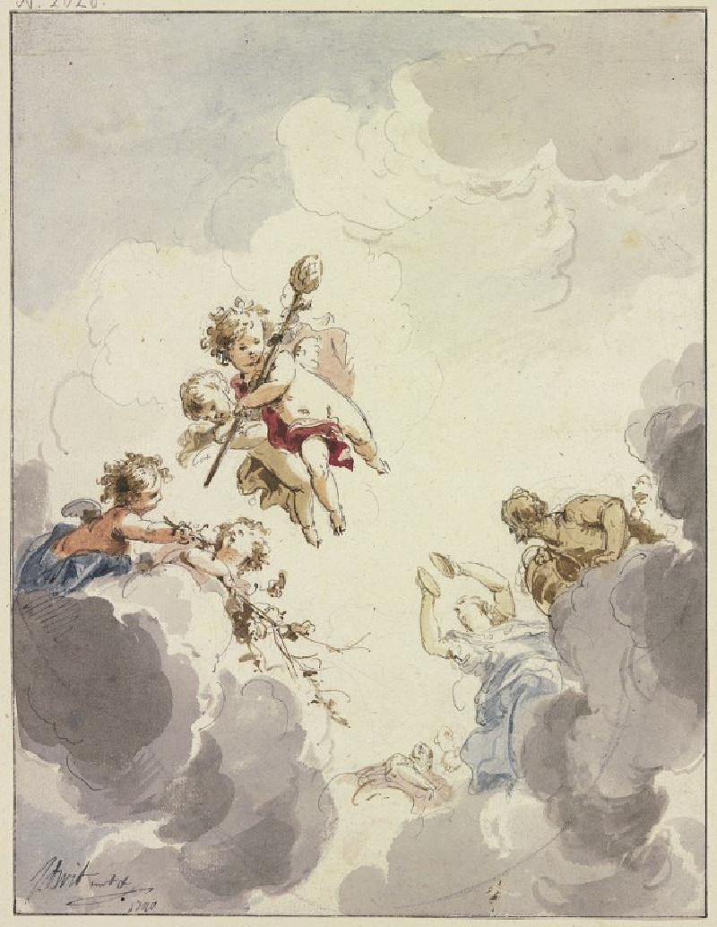 Amoretten mit einem Thyrsusstab und Bacchanten in Wolken (1740) reproduction of painting by Jacob de Wit. ALL GICLEE PRINTS