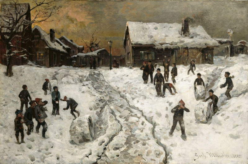 Throwing Snowballs (1885) reproduction of painting by Gerhard Munthe. ALL GICLEE PRINTS