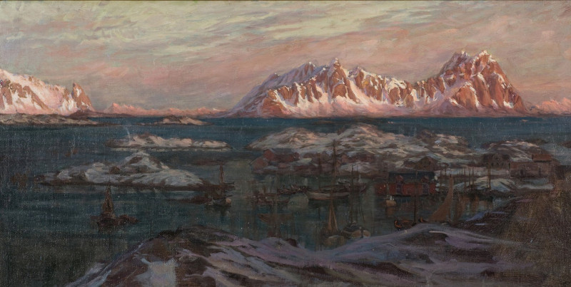 Fishing Harbour with Sunlit Mountains. Study from North Norway reproduction of painting by Anna Boberg. ALL GICLEE PRINTS