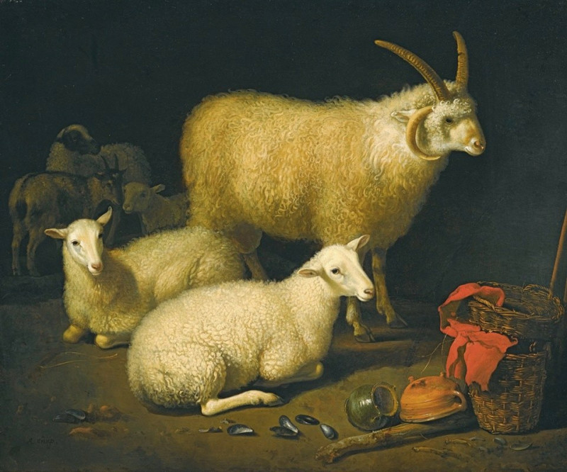 A barn interior with a four-horned ram and four ewes, and a goat, with a still life of a basket and upturned pots to the righ...