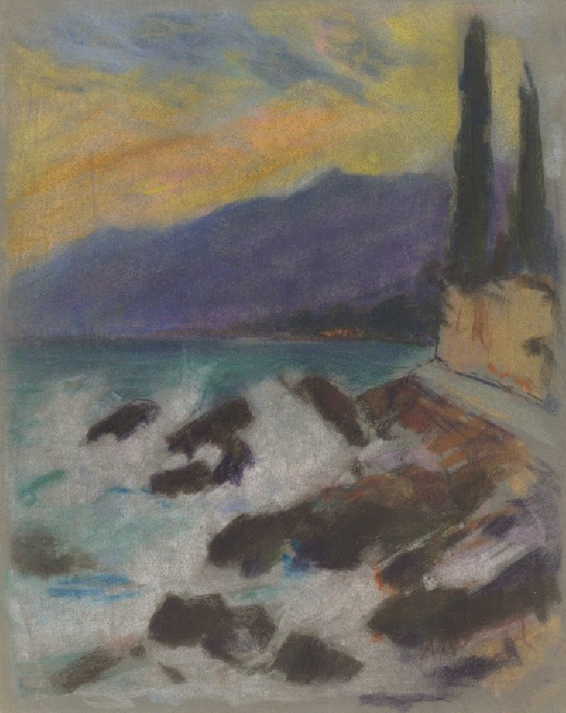 Rocky Seashore with Cypresses (1925-1928) reproduction of painting by Zolo Palugyay. ALL GICLEE PRINTS