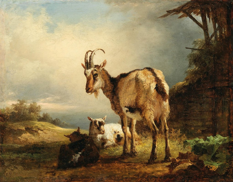 A Goat with two Kids reproduction of painting by Friedrich August Matthias Gauermann. ALL GICLEE PRINTS