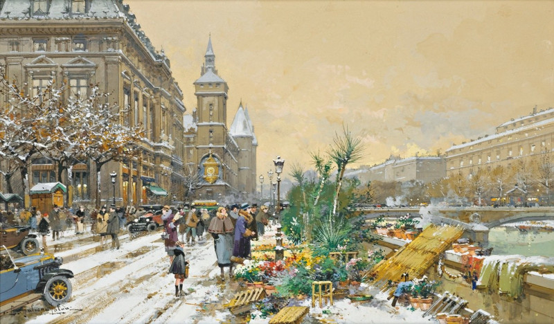 Le Quai Aux Fleurs Et La Conciergerie reproduction of painting by Eugène Galien-Laloue. ALL GICLEE PRINTS