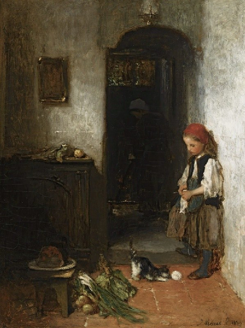 A Girl With A Playing Kitten (1869) reproduction of painting by Jacob Maris. ALL GICLEE PRINTS