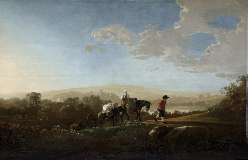 Travelers in Hilly Countryside (c. 1650) reproduction of painting by Aelbert Cuyp. ALL GICLEE PRINTS