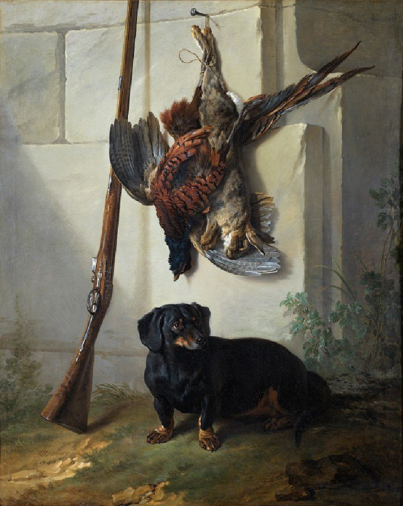 The Dachshound Pehr with Dead Game and Rifle (1740) reproduction of painting by Jean-Baptiste Oudry. ALL GICLEE PRINTS