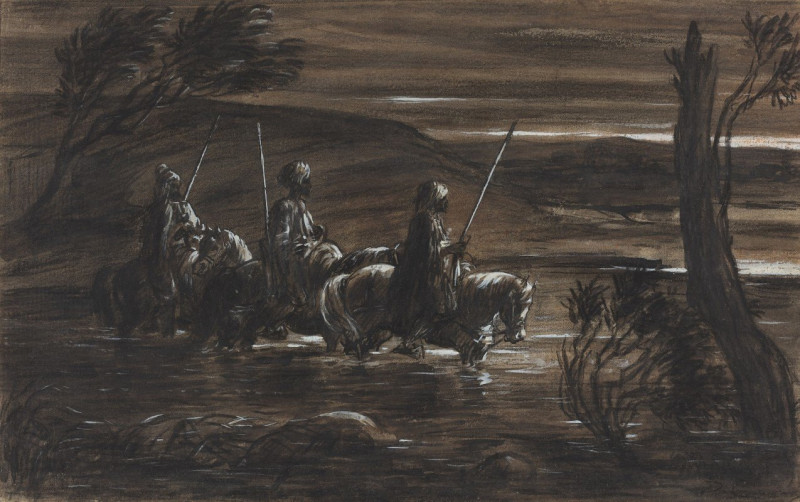 Three Arab Horsemen Crossing A River (c. 1835) reproduction of painting by Alexandre-Gabriel Decamps. ALL GICLEE PRINTS