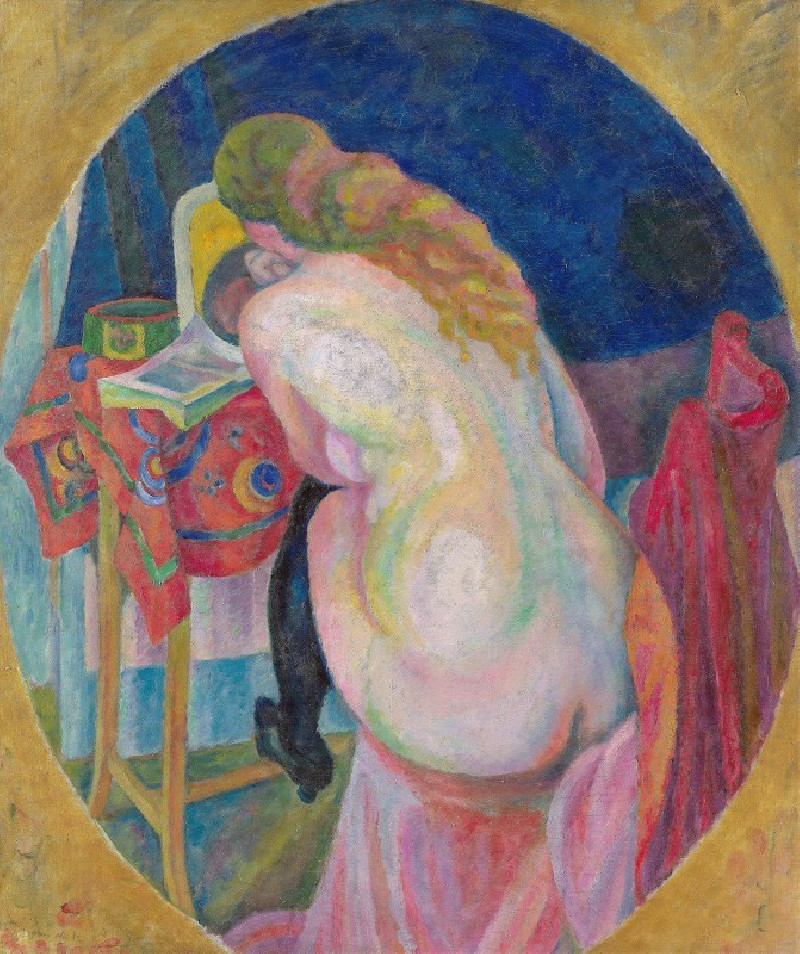 Nude woman reading (1915) reproduction of painting by Robert Delaunay. Nude